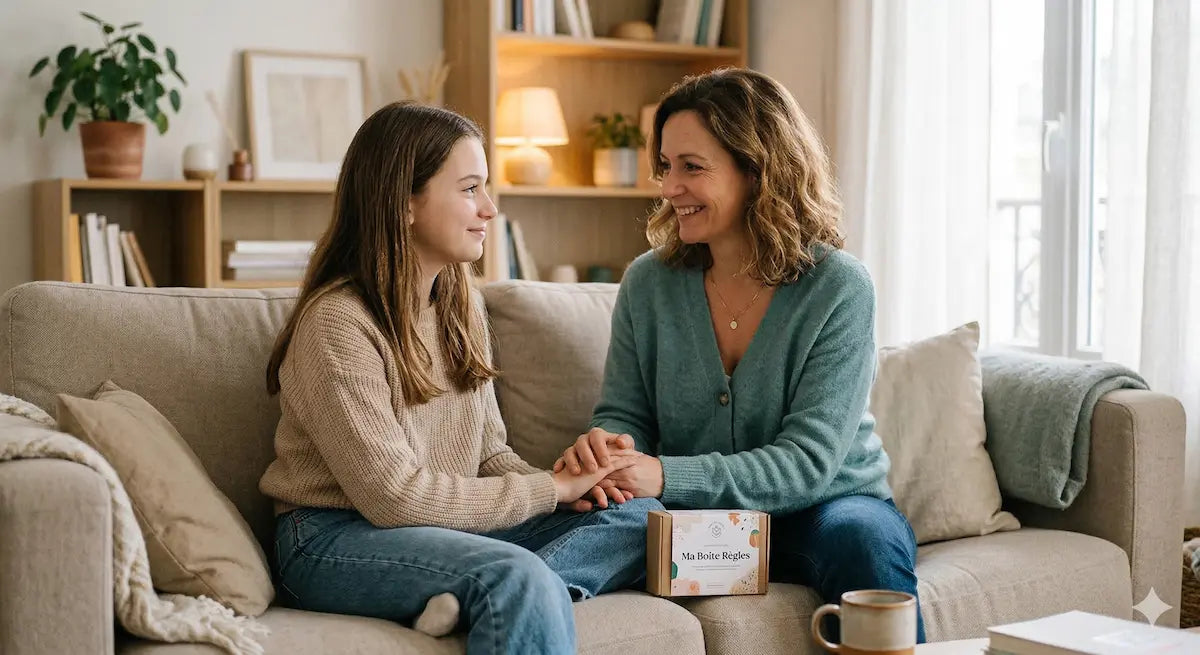 Mère et fille adolescente discutant avec complicité sur un canapé avec un kit Ma Boîte Règles et des protections lavables.