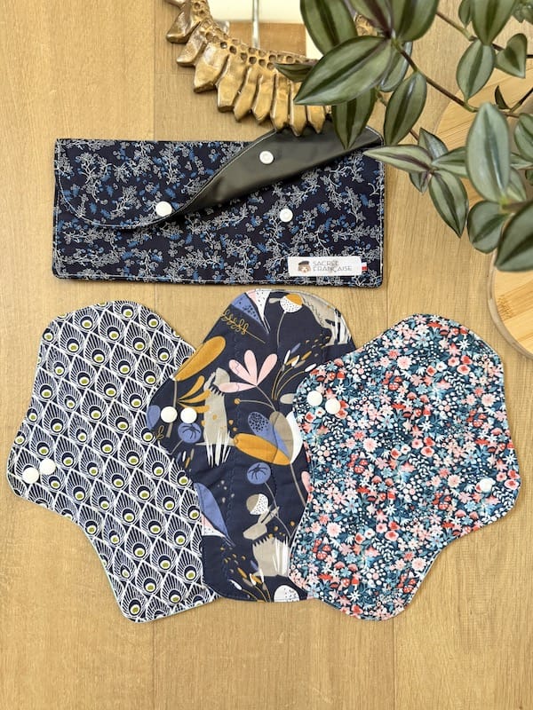 Sacrée Française Protections périodiques Lot de 3 Serviettes Hygiéniques Lavables, Flux Abondants / Nuit, pochette L incluse Lot 3 serviettes flux abondant + pochette