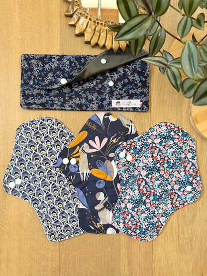 Lot de 3 serviettes hygiéniques lavables flux abondant avec pochette L Oeko-Tex, fait main à Lyon, Sacrée Française