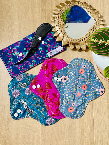 Kit 3 Serviettes menstruel Flux Moyen plus une pochette de transport imperméable taille M