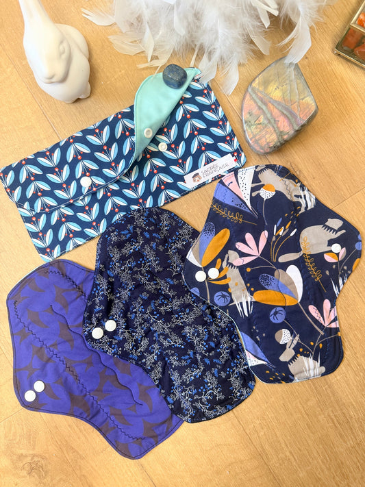 Lot de 3 Serviettes Hygiéniques Lavables Flux Abondants / Nuit, pochette L bleu marine