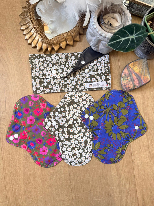Lot de 3 serviettes hygiénique lavables flux moyen plus pochette imperméable M Kaki