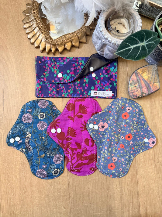Lot de 3 serviettes hygiénique lavables flux moyen plus pochette imperméable M  multicolore