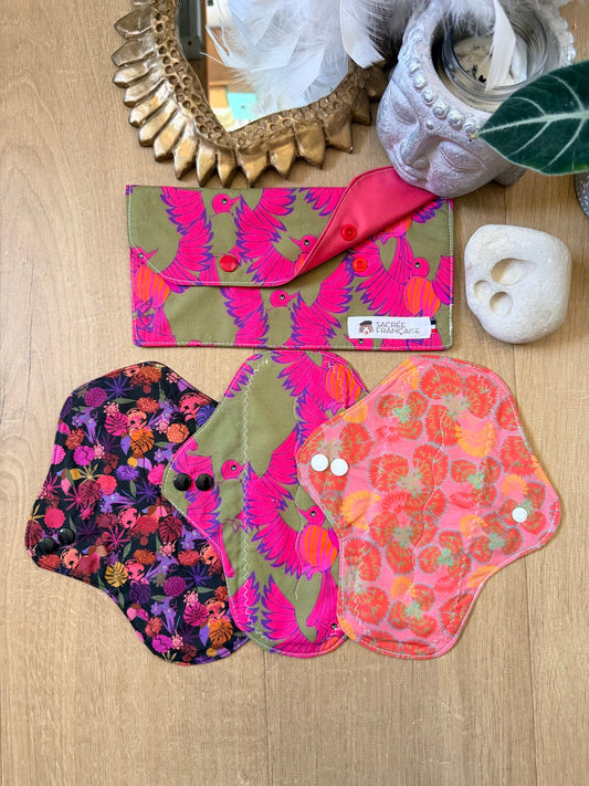 Lot de 3 serviettes hygiénique lavables flux moyen plus pochette imperméable M rose, oranger, noir