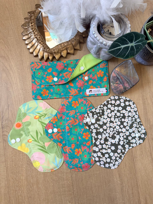 Lot de 3 serviettes hygiénique lavables flux moyen plus pochette imperméable M vert